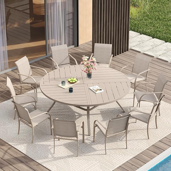 VICLLAX Patio Table and Chair Set of 10, All Weather Metal Round Outdoor Dining by HOME