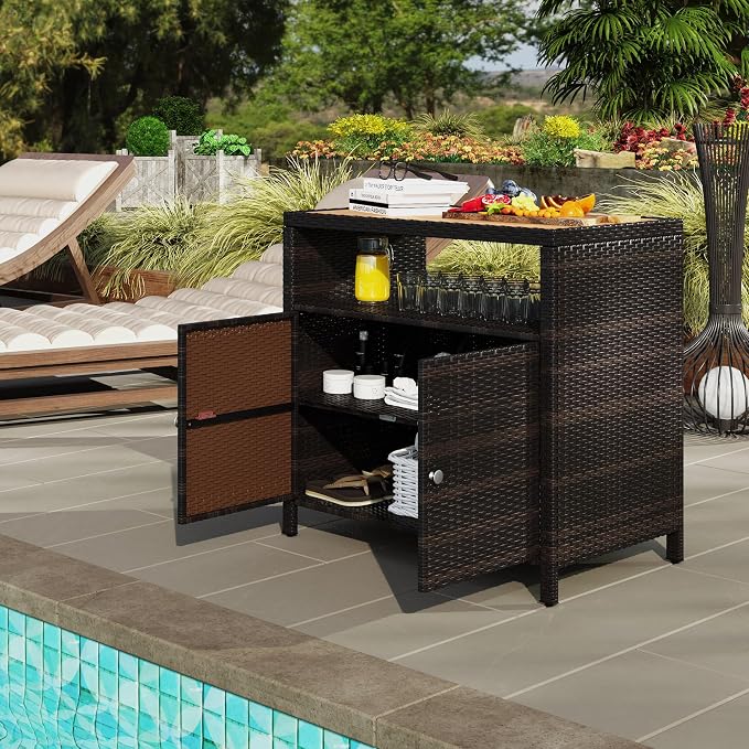 Outsunny Wicker Outdoor Storage Cabinet, Rattan Outdoor Bar Table - Image 8