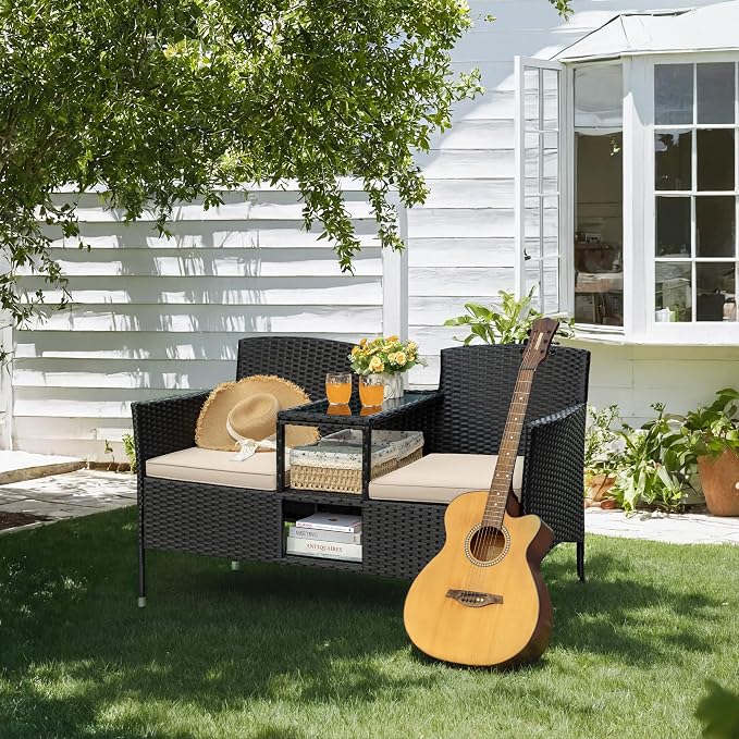 Greesum Patio Loveseat Outdoor Wicker Furniture Conversation Set - Image 2