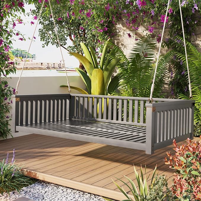Patio Twin Size Garden Swing Daybed, Acacia Wood Porch Swing - Image 8