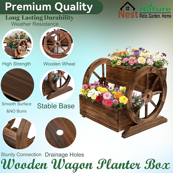 NestNature Wooden Wagon Planter Box, Raised Garden Bed, Decorative Garden - Image 6