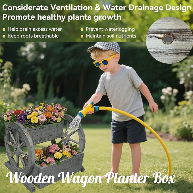 NestNature Wooden Wagon Planter Box, Raised Garden Bed, Decorative Garden - Image 9