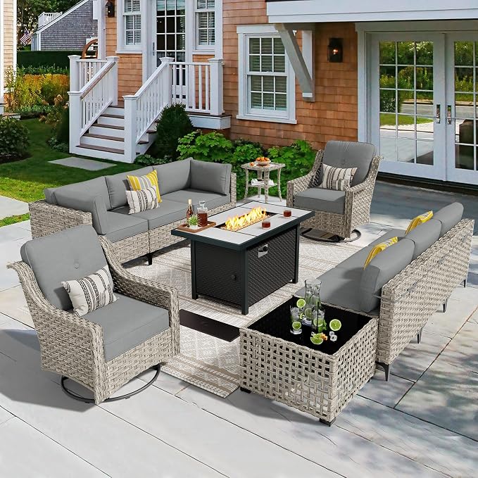 11 Pieces Outdoor Patio Furniture Set, Rattan Wicker Sectional Swivel Rocker by CAODOCPatioFurniture