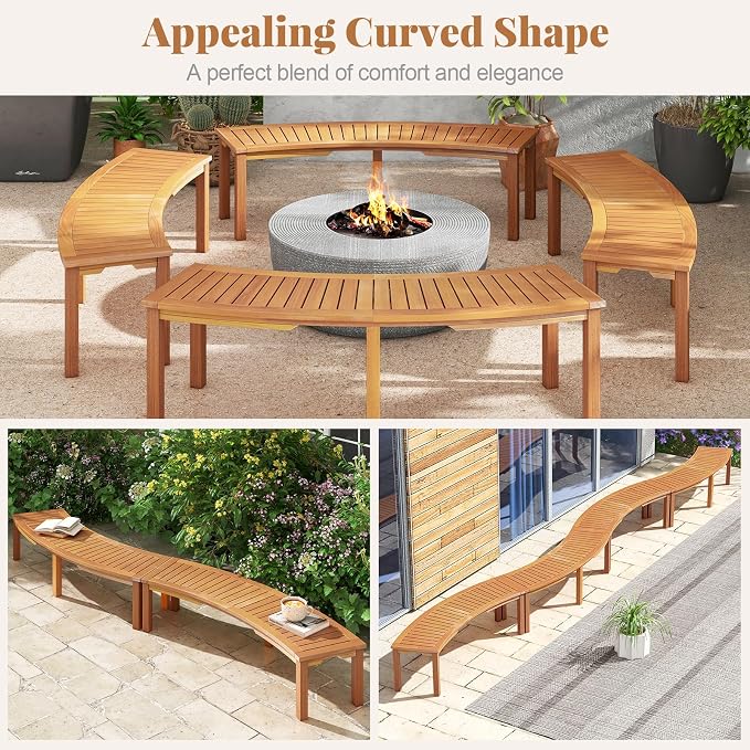 Tangkula Outdoor Curved Bench, Acacia Wood Fire Pit Bench w/Slatted Seat - Image 4