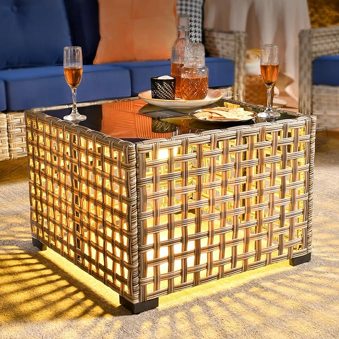 HOOOWOOO Patio Solar LED Lighting Table, Outdoor Wicker Coffee Table, All by DesignforBetterLife