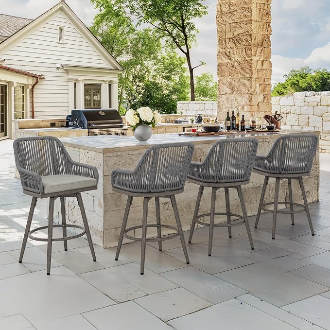 Outdoor Bar Stools Set of 4, 360° Swivel Aluminum Rattan Bar Stool by COZYMAN