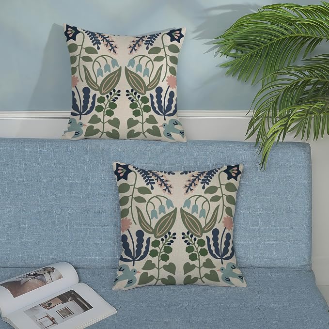 Navy Blue Boho Pillow Covers 18x18 Inch 2 Pcs Sage Green Floral Decor Throw - Image 3