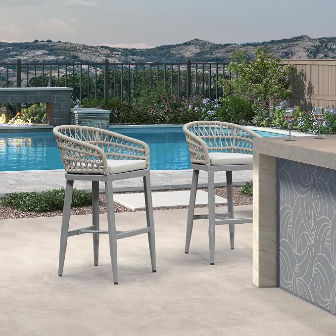 PURPLE LEAF Outdoor Rattan 29" Bar Stools Set of 2, Modern Boho Aluminum Patio - Image 3
