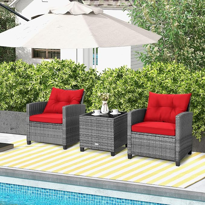 Tangkula 3 Pieces Patio Furniture Set, Outdoor PE Rattan Conversation Chair Set - Image 2