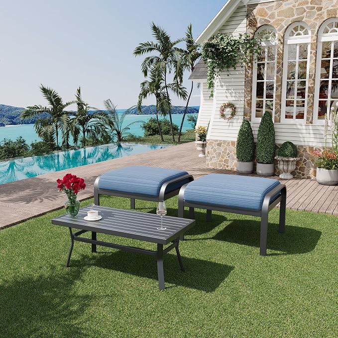 HOMREST Metal Outdoor Ottoman, 3-Piece Aluminum Footstool w/Removable Cushion by HOMREST