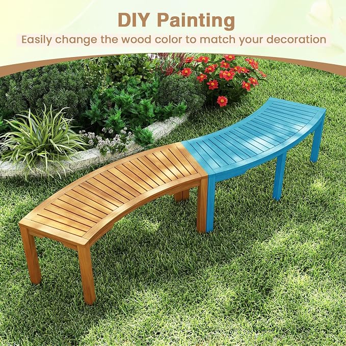 Tangkula Outdoor Curved Bench, Acacia Wood Fire Pit Bench w/Slatted Seat - Image 9