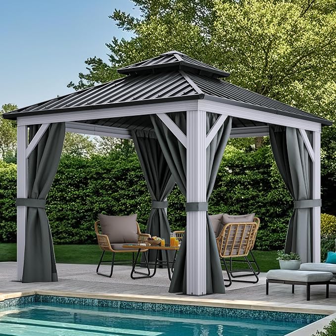 YITAHOME 10X10FT Hard Top Metal White Gazebo Patios Double Roof Canopy Aluminum - Image 9