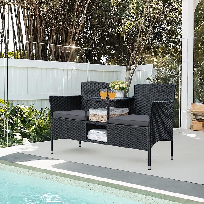 Greesum Patio Loveseat Outdoor Wicker Furniture Conversation Set - Image 3