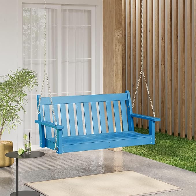COSTAELM Paradise Outdoor Patio HDPE Hanging Front Porch Swing Bench, Pacific - Image 2
