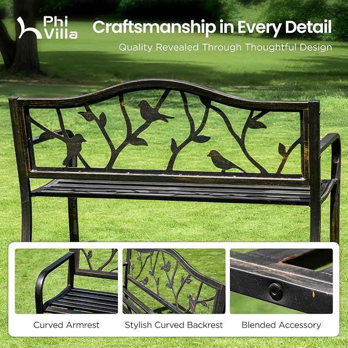 PHI VILLA Outdoor Garden Park Bench Patio 50" Metal Bench, Steel Frame Bench - Image 9