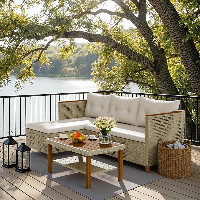 Devoko Patio Furniture Set 3 Piece Outdoor Sectional Sofa Hollow Rattan Patio - Image 7