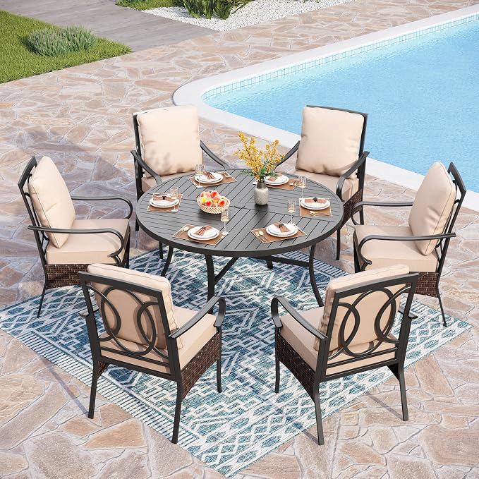 PHI VILLA 7 Pieces Patio Dining Set, Outdoor Round Table and Chairs by PHIVILLAThepioneerofcomfortablehouseholdsupplies