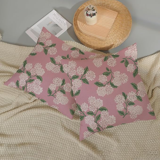 Pink Pillow Covers 16x16 Inch 2 Pcs Preppy Pink Green Hydrangea Flower Decor - Image 5