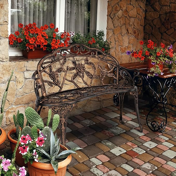VINGLI 38.5" Patio Park Garden Outdoor Metal Rose Bench, 2-Person Cast Iron - Image 2