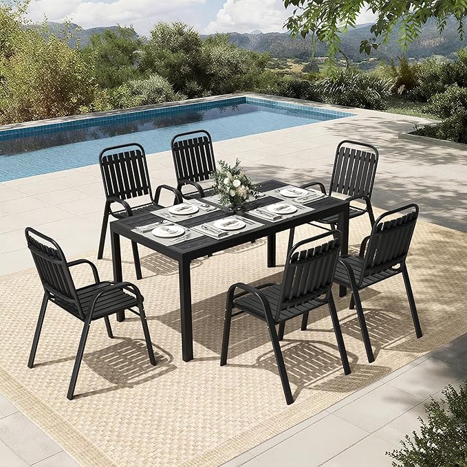 Pamapic Outdoor Dining Sets for 6, Rectangular Steel Slat Table - Image 9