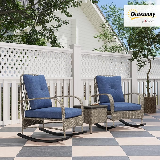 Outsunny 3 Piece Wicker Patio Furniture Set, PE Rattan Rocking Chairs - Image 2