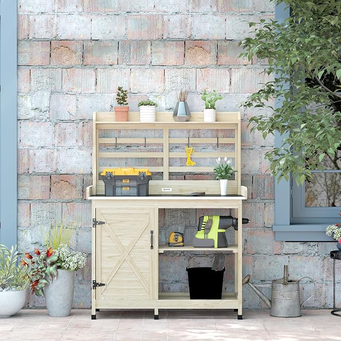 Outsunny Outdoor Wooden Potting Bench Table, Garden Workstation - Image 6