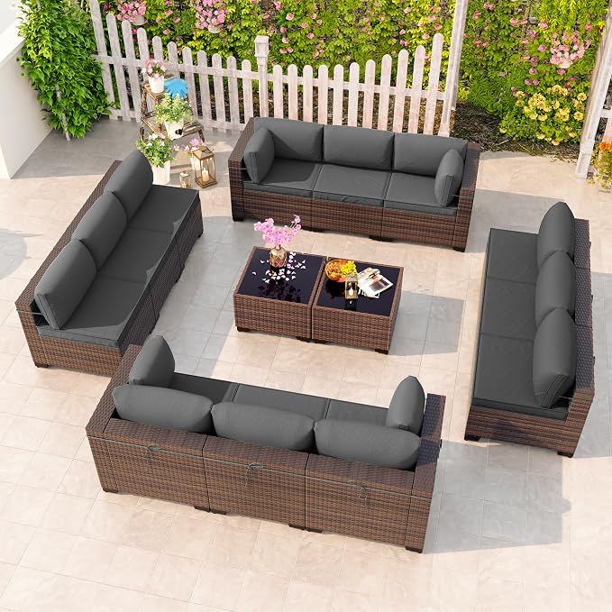 Kullavik 14 Pieces Outdoor Patio Furniture Set, Sectional Rattan Sofa Set Brown by KULLAVIK