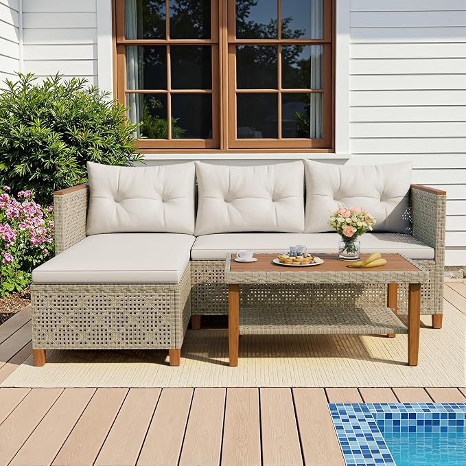 Devoko Patio Furniture Set 3 Piece Outdoor Sectional Sofa Hollow Rattan Patio by DEVOKO