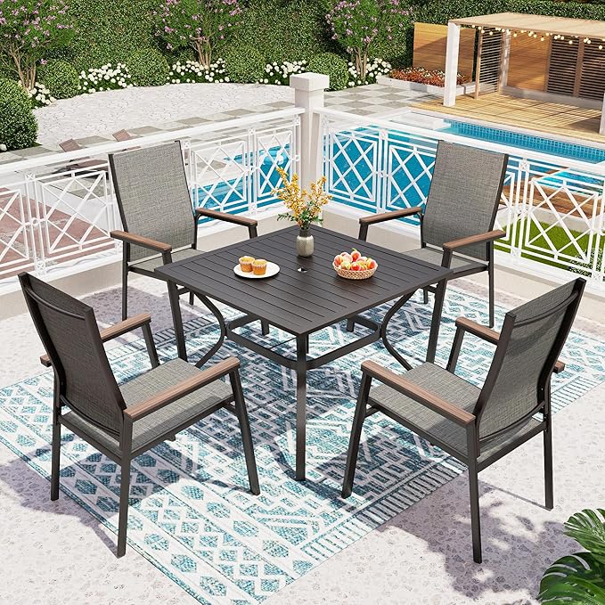 PHI VILLA 5 PCS Patio Dining Set, 4 Outdoor Aluminum Stackable Sling Chairs by PHIVILLAThepioneerofcomfortablehouseholdsupplies