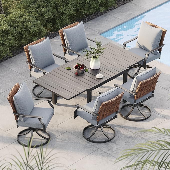 Grand patio 7-Piece Outdoor Dining Set, 6 Leather-Look Wicker Swivel Patio by GrandPatio