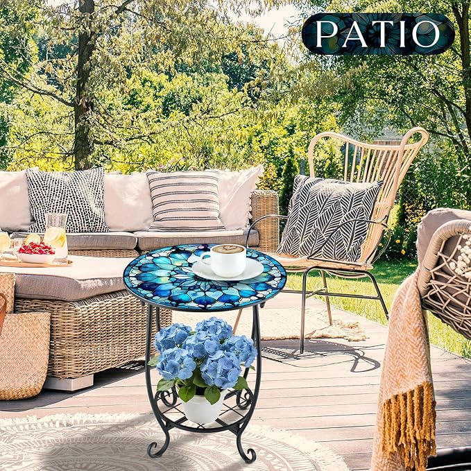 Outdoor Side Table Round Small Mosaic Patio Accent Indoor End Plant Coffee Tea - Image 6