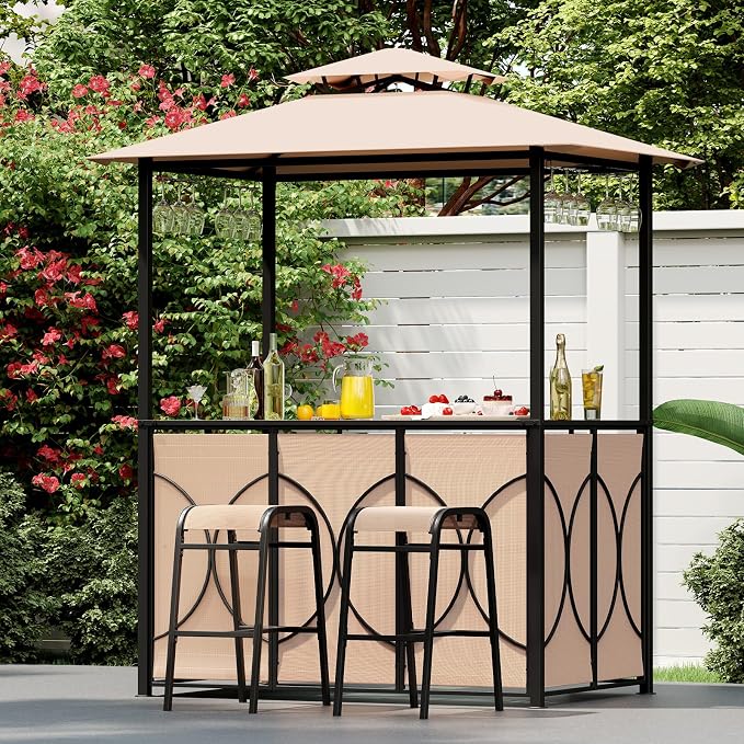 Tangkula 3-Piece Patio Bar Set, Grill Gazebo & 2 Bar Stools - Image 2