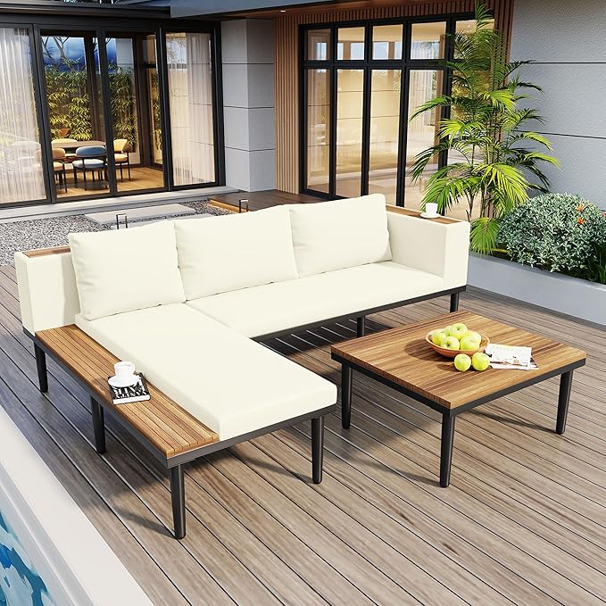 Acacia Wood Patio Furniture Set, Luxury Outdoor Conversation Sectional Sofa by JIVOIT