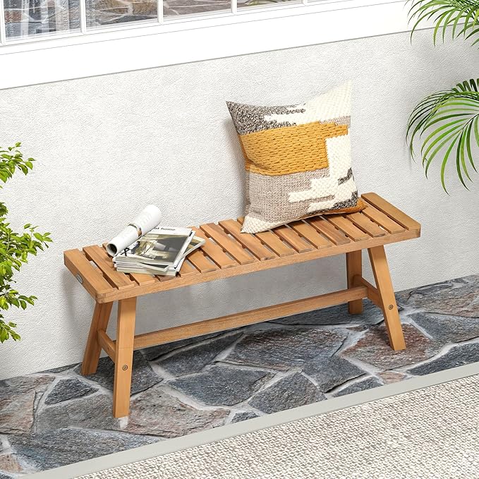Tangkula Acacia Wood Outdoor Garden Bench, 2-Person Patio Backless Bench - Image 2