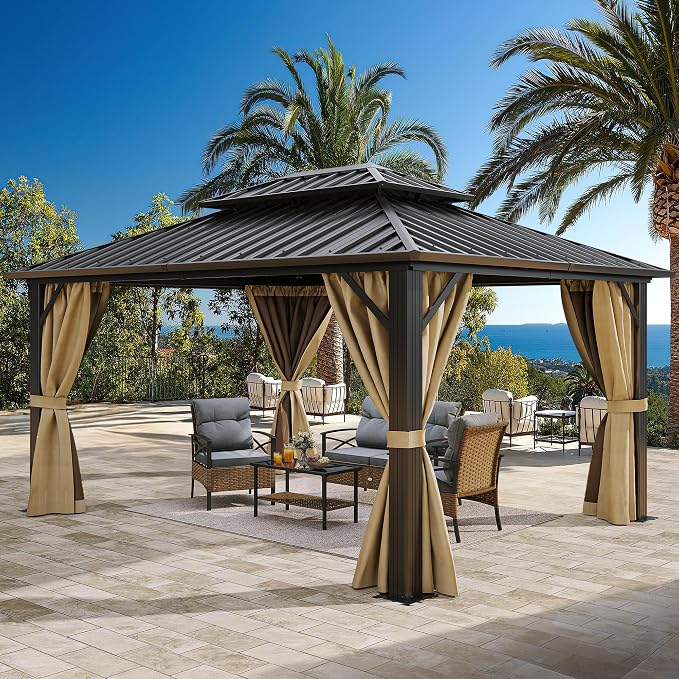 YITAHOME 10x12ft Gazebo Hardtop Double Roof Canopy w/Netting and Curtains - Image 9