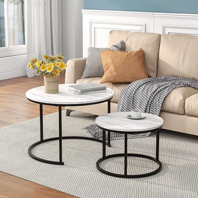 HOJINLINERO Round Coffee Table, Nesting Coffee Table Set of 2, Center Tables by HOJINLINERO