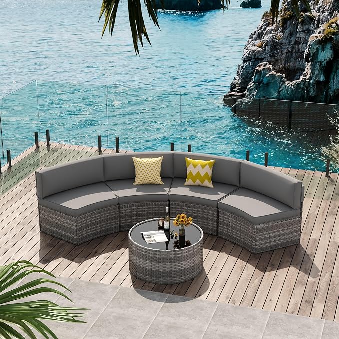 Patio Sectional Furniture, Outdoor 5-Piece Grey Rattan Curved Sofa Set - Image 5