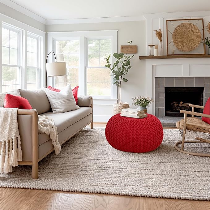 COTTON CRAFT - Hand Knitted Cable Style Dori Pouf - Red - Floor Ottoman - - Image 2