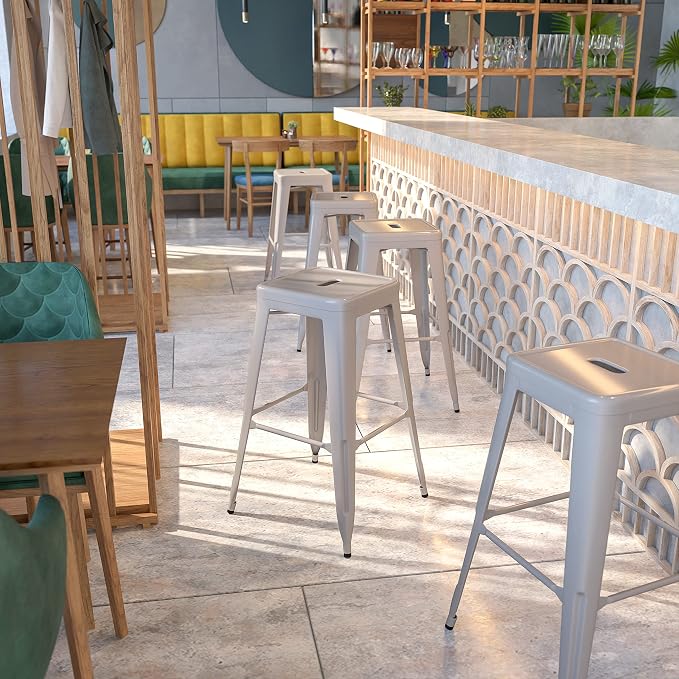 Flash Furniture Commercial Grade 30" High Backless Silver Metal Indoor-Outdoor - Image 2