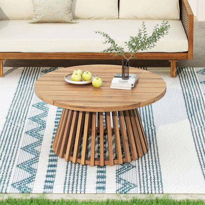 LUMISOL Patio Outdoor Acacia Wood Round Coffee Table, Circle Center Table - Image 4