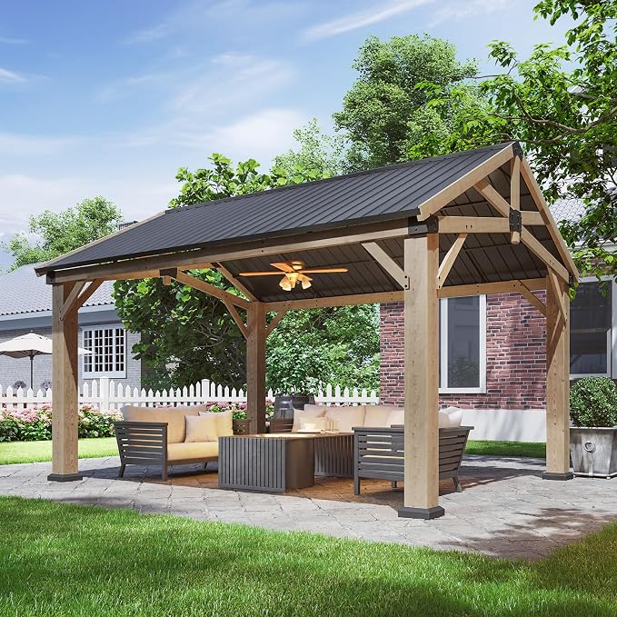 Aoxun 12' x 14' Outdoor Wood Gazebo, Hardtop Gazebo Permanent Wooden Pavilion by Aoxun
