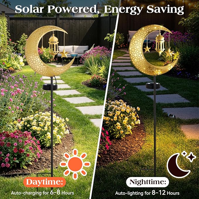 Lewondr 2Pcs Ramadan Solar Lights, Ramadan Decorations Outdoor, Metal Yard - Image 2