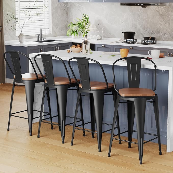 Alunaune 24" Swivel Metal Bar Stools Set of 4 High Back Counter Height - Image 8