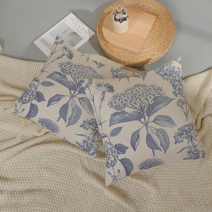 Vintage Blue Pillow Covers 18x18 Inch 2 Pcs Boho Floral Decor Throw Pillows - Image 5