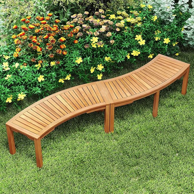 Tangkula Outdoor Curved Bench, Acacia Wood Fire Pit Bench w/Slatted Seat - Image 4
