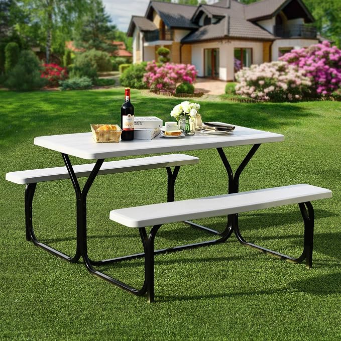 Giantex Picnic Table Bench Set Outdoor Camping All Weather Metal Base Wood-Like - Image 2