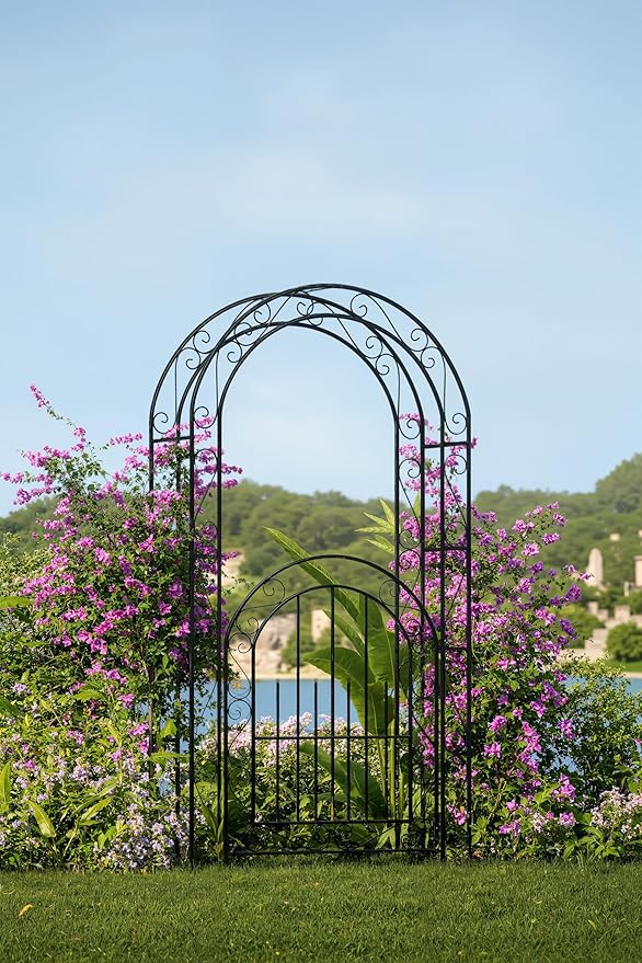 8 ft Metal Garden Arch with Gate, Elegant Wedding Archway - Image 7