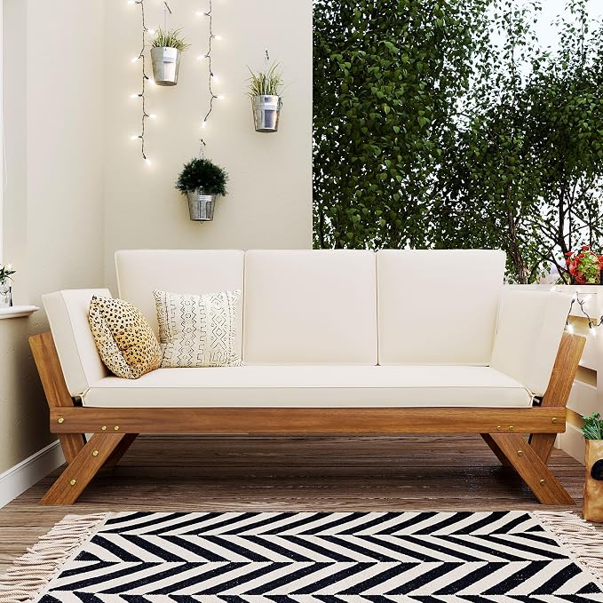 Merax Patio Sofa, Outdoor Adjustable Wooden Daybed, Chaise Lounge by Merax