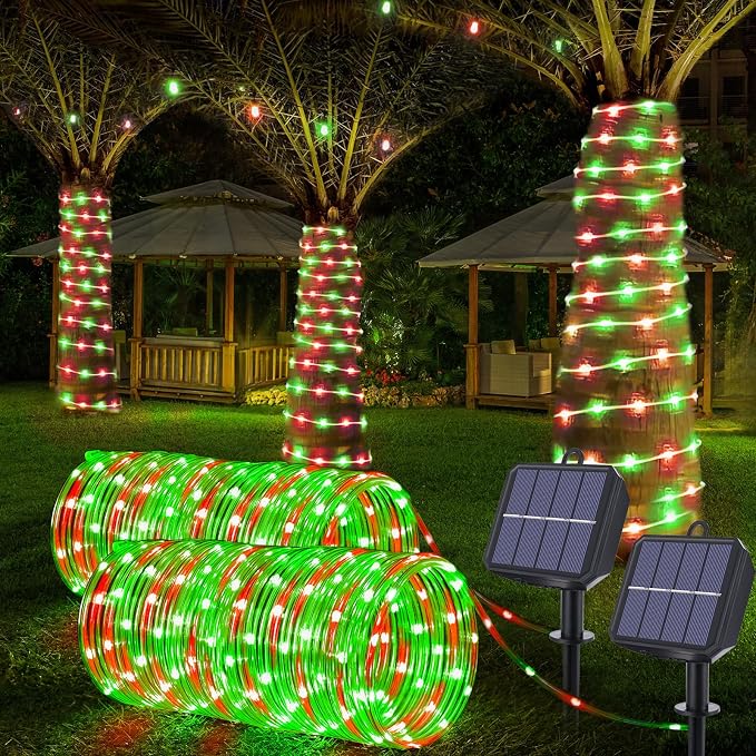 Solar Rope Lights, 2 Packs Total 66ft 200LED Solar String Lights, 8 Modes by Jnaurb