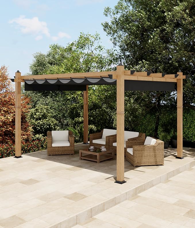 10x13 Ft Outdoor Pergola with Retractable Canopy Upgraded Aluminum Wood Grain - Image 2